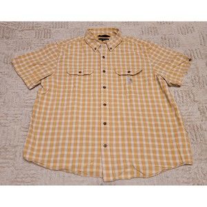 Carhartt Loose Fit Plaid Short Sleeve Button Shirt Mens XL Yellow Pockets Camp